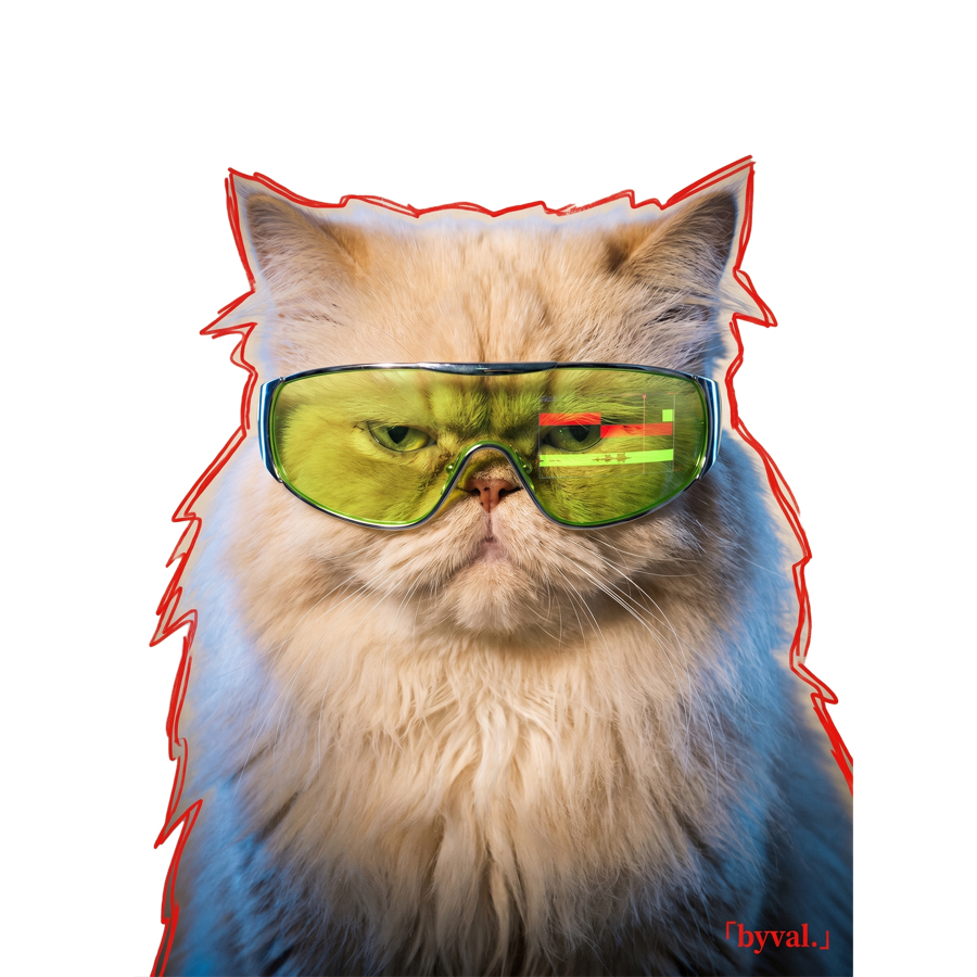the byval studio cat, angry, in futuristic glasses